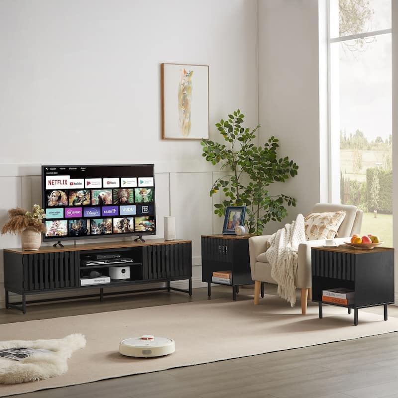 TV Stand with Grille-Striped Doors, Entertainment Center with Open Shelves, Media Console Table with Metal Legs