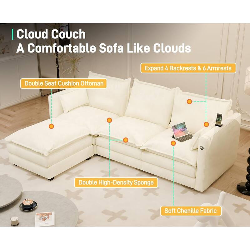 Modular Sectional Sofa L Shaped Couch, 3/4 Seat Sofa Set with Ottoman, Chenille Fabric