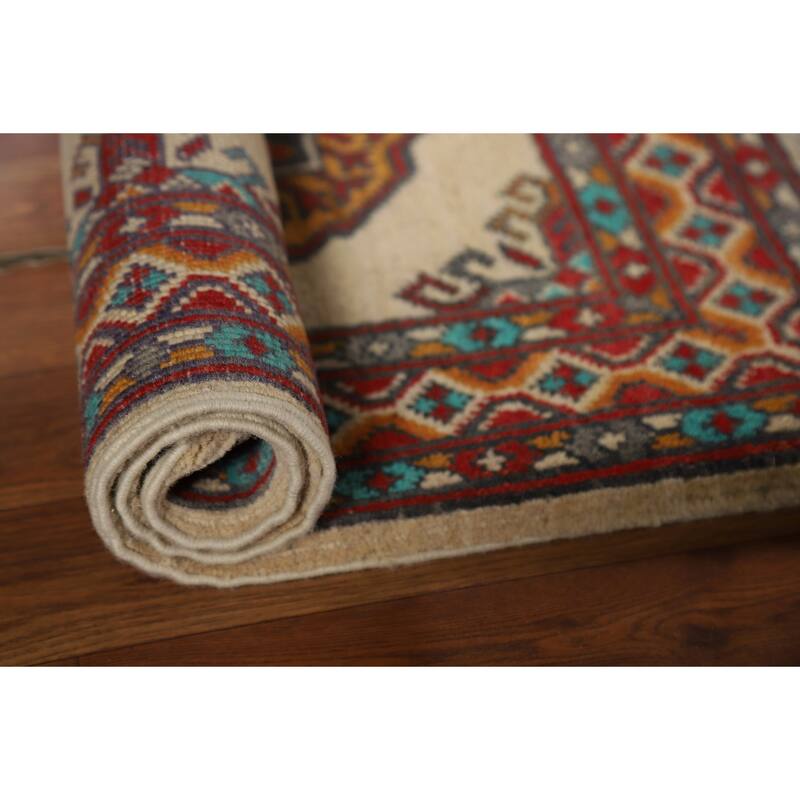 Geometric Kazak Foyer Rug Handmade Beige Traditional Wool Carpet - 2'0" x 3'0"