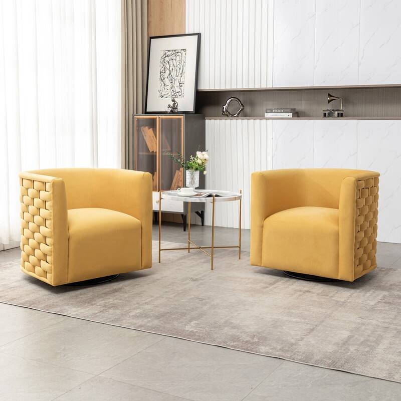 Modern Glam Velvet Upholstered 360 Degree Swivel Barrel Chair Set of 2 - Yellow