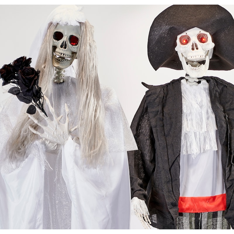 74" Standing Lifesize Animated Halloween Dressed Skeleton Bride and Groom