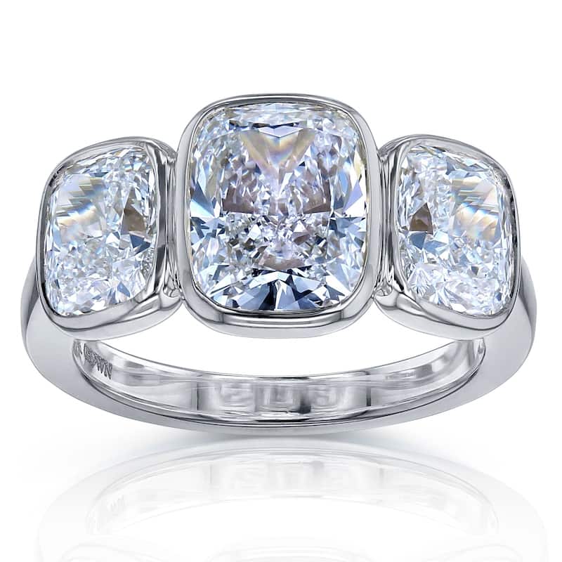 Kobelli 6 Carats Lab Grown Diamond Solid 14k Gold Elongated Cushion 3-Stone Bezel Croft Ring - 9 - White