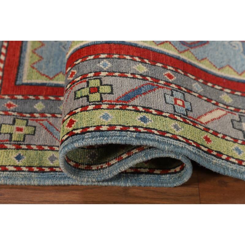 Light Blue Geometric Kazak Foyer Rug Hand-Knotted Wool Carpet - 3'6" x 5'3"