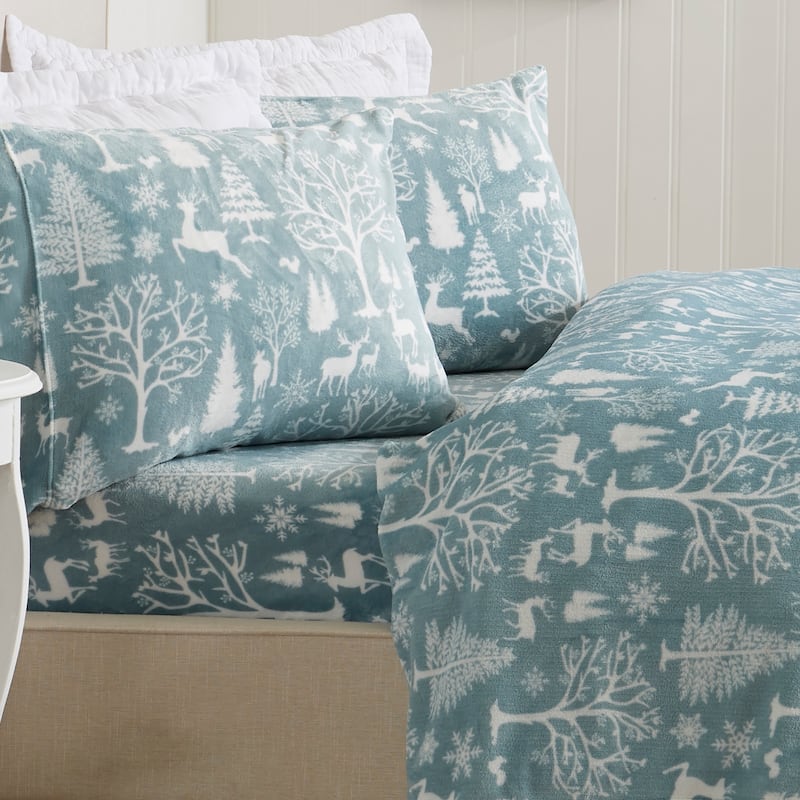 Luxurious Printed Velvet Plush Warm and Cozy Sheet Set. - Twin - Enchanted Woods - Blue