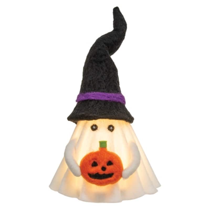 11” Figurine Felted Witch Ghost Halloween Decoration with Warm White LED Light and Freestanding - 11" H x 6.5" W x 6.5" D