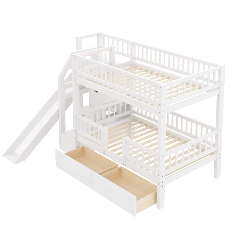 Twin Over Twin Bunk Bed with Storage Staircase, Slide and 2 Drawers