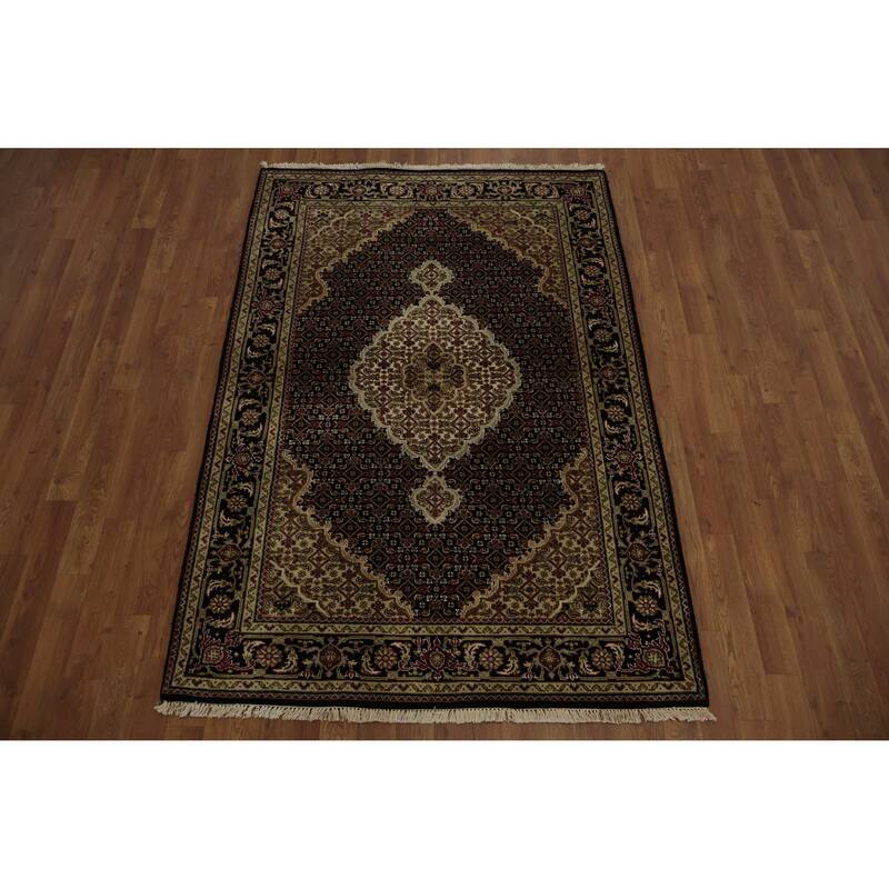 Hand Knotted Oriental 100% Wool Carpet Traditional Floral Black Tabriz-Mahi Area Rug - 5' 11'' X 4' 1''