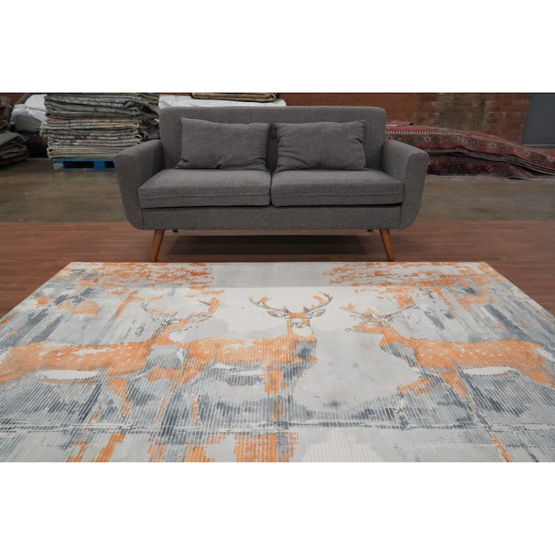 Hand Knotted Oriental Viscose Silk Carpet Modern Animal Pictorial Greys & Charcoal Abstract Area Rug - 7' 9'' X 5' 5''