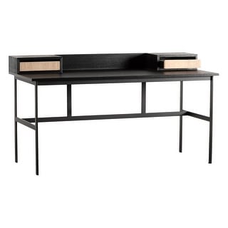 Harmony Modern Black Oak Writing Desk With Iron Base with Natural Oak Veneer Drawer Fronts