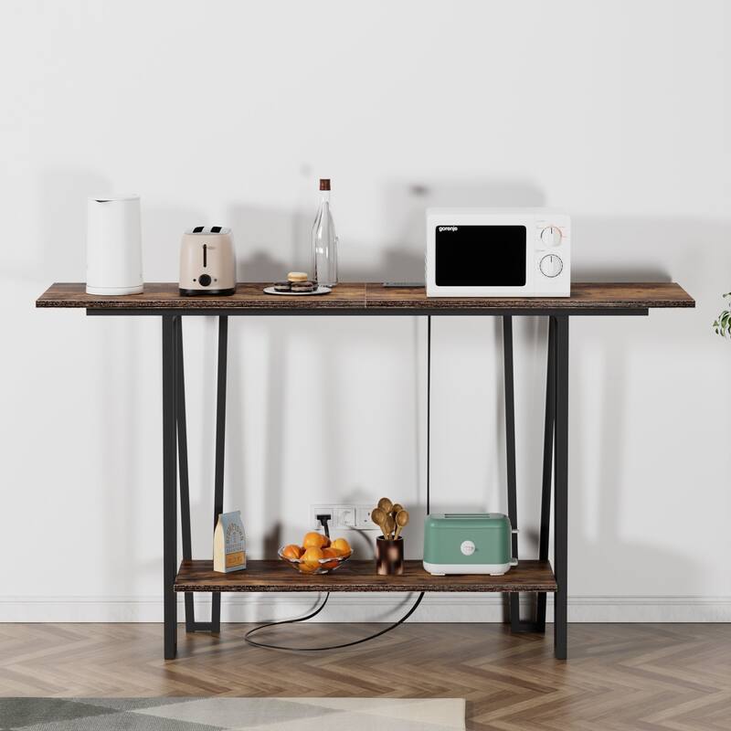 Console Table with Outlets for Entryway, Sofa Table with Wood Shelves, Industrial Entryway Table Foyer Table
