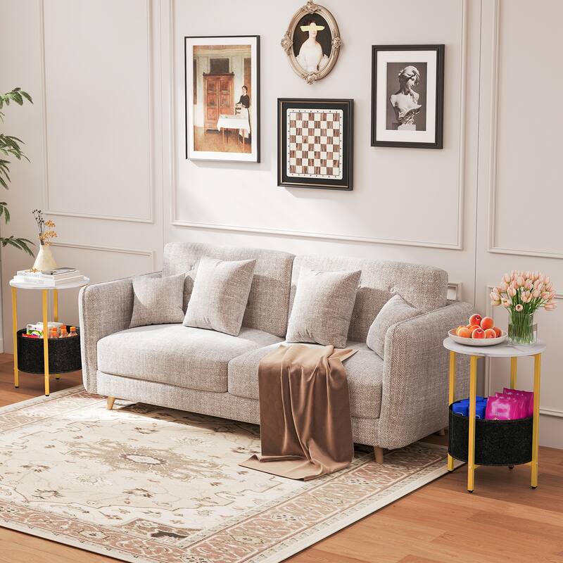 2-Tier Round End Side Table with Metal Frame and Removable Fabric Basket