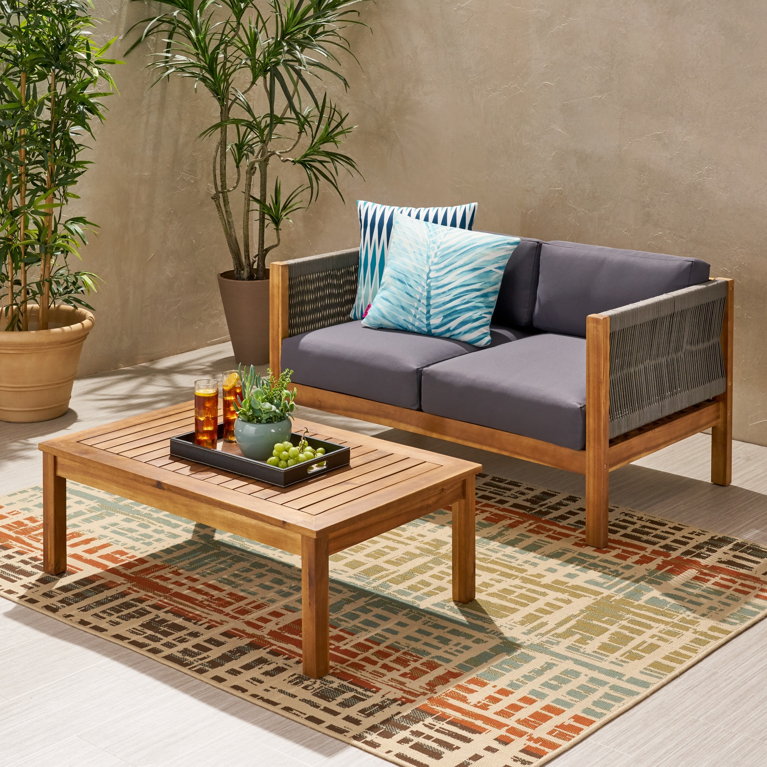 Minimalist Wood Patio Loveseat and Coffee Table Set for Garden Backyard, Teak Outdoor Conversation Set