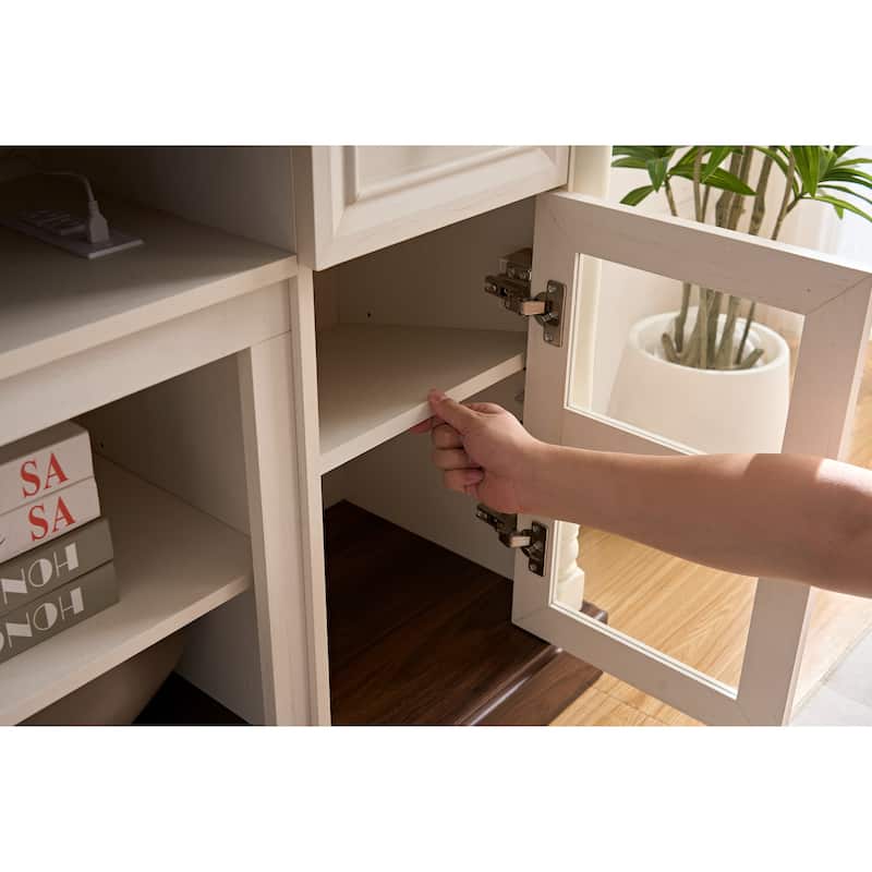 70 Inch Farmhouse Fireplace TV Stand for TVs up to 80 Inches, Media Console with Roman Column Design and LED Lights