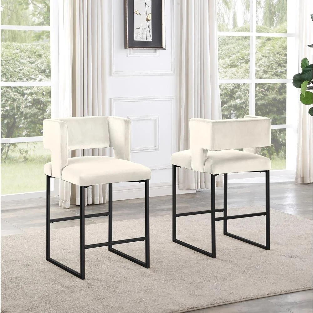 Modern Contemporary 27 Inch Counter Stool Set of 2 with Velvet Upholstery, Black Metal Legs, Kitchen Side Stool