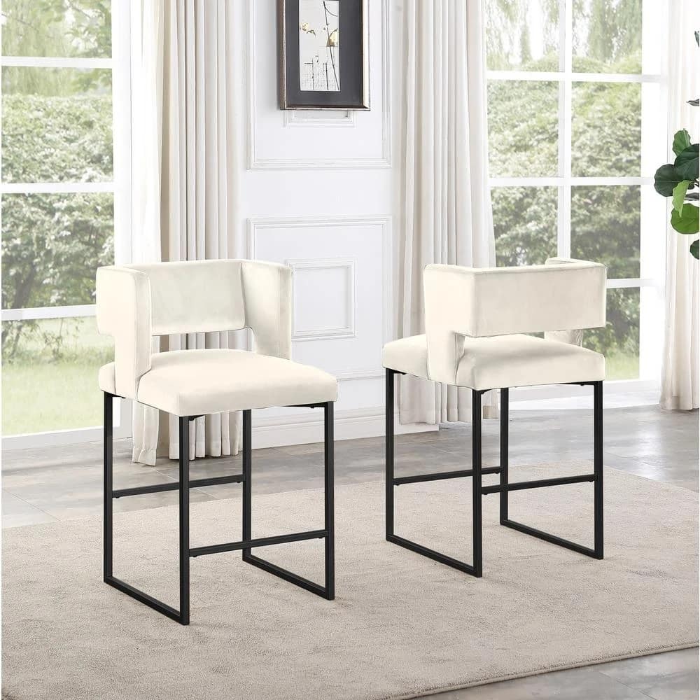 Modern Contemporary 27 Inch Counter Stool Set of 2 with Velvet Upholstery, Black Metal Legs, Kitchen Side Stool