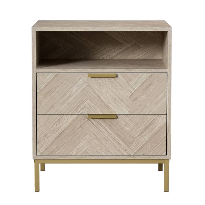 Anmytek Mid-Century 2 Drawer Nightstand Wood Grain Bedside Table Side Table with Open Shelf