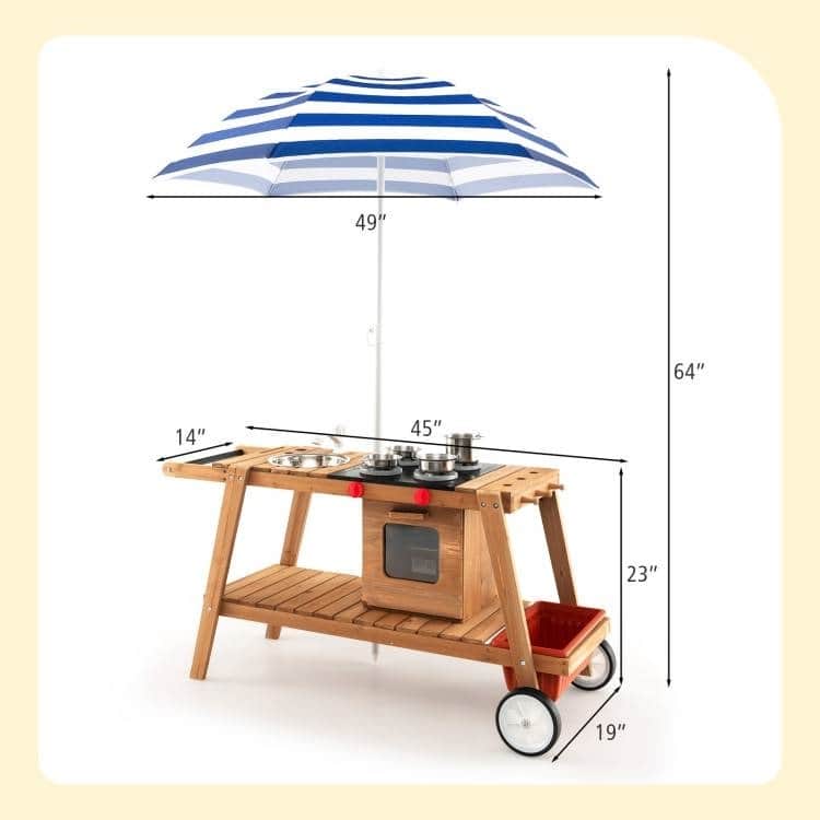 Brown-White-Navy Wooden Kids Play Cook Cart with Umbrella and Storage - 45" x 19" x 23"