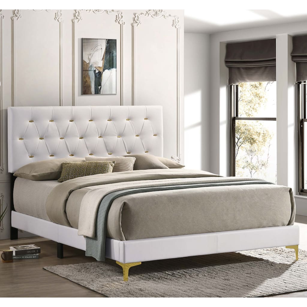 Queen Panel Bed with Tufted Headboard and Gold Accents