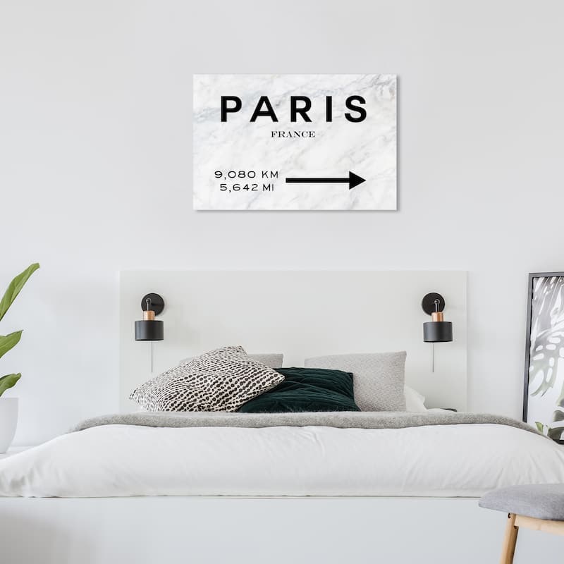 Wynwood Studio Canvas Fashion and Glam Paris Road Sign Marble Black White and Transitional Wall Art Canvas Print - 24 x 36