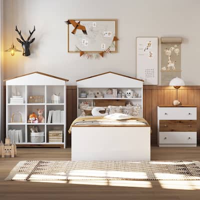 Twin Size Bedroom Sets House-Shaped Wooden Bed with Storage Drawers
