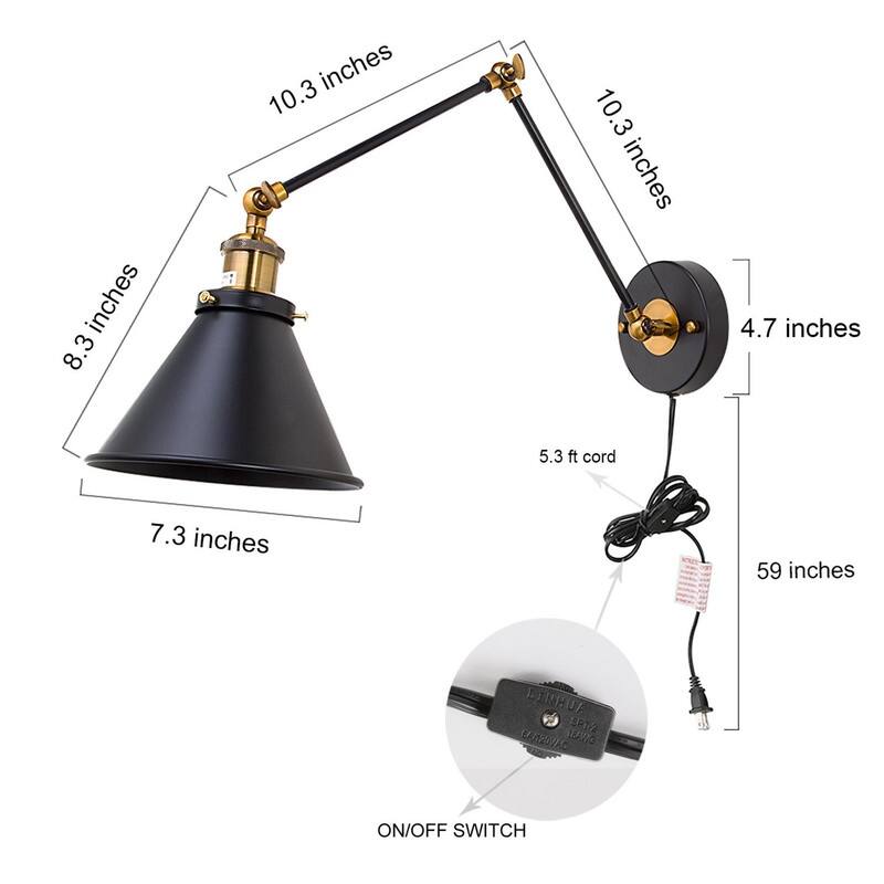 Set of 2 Modern Farmhouse Black Swing Arm Lights Plug-in/Hardwired Wall Sconces - L21" x W7.3 "x H8"