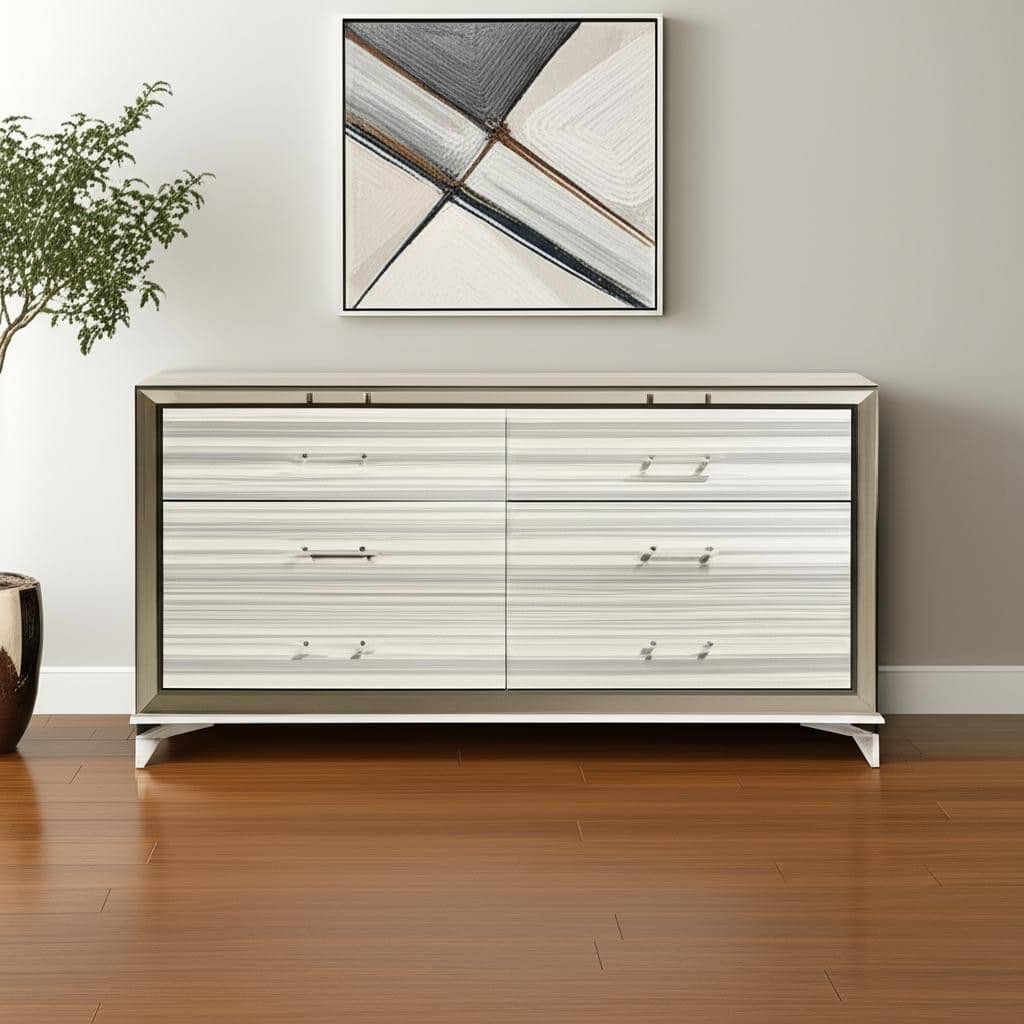 HomeRoots 64" White And Silver Wood Six Drawer Double Dresser