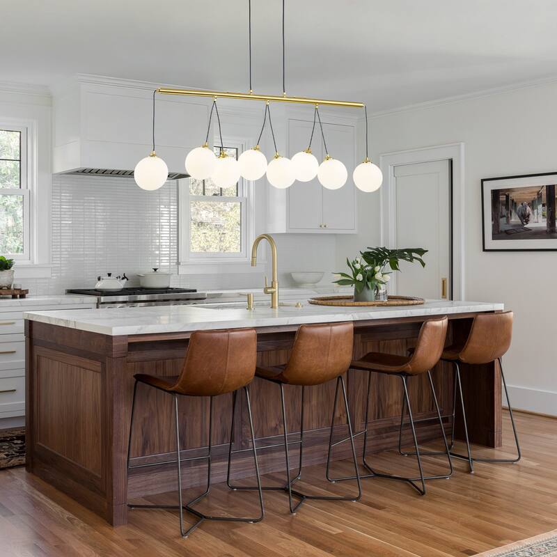 8-Light Gold Linear Kitchen Island Pendant Light Frosted Glass Globes - Dia.39.37-in