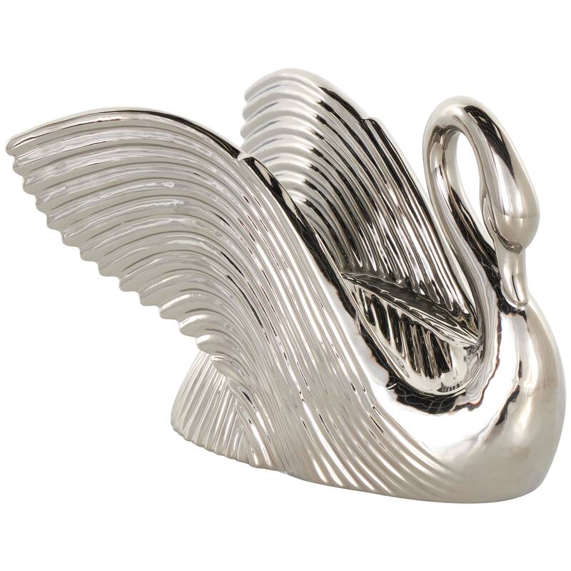 Silver or White Ceramic Swan Sculpture with Textured Grooves
