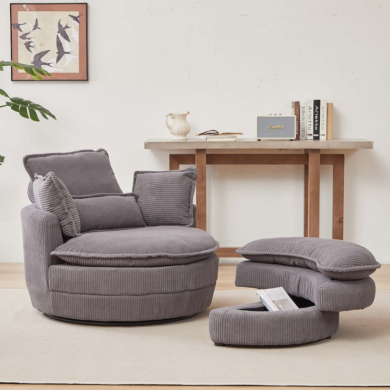 38"W Corduroy Oversized Swivel Chair with moon storage ottoman