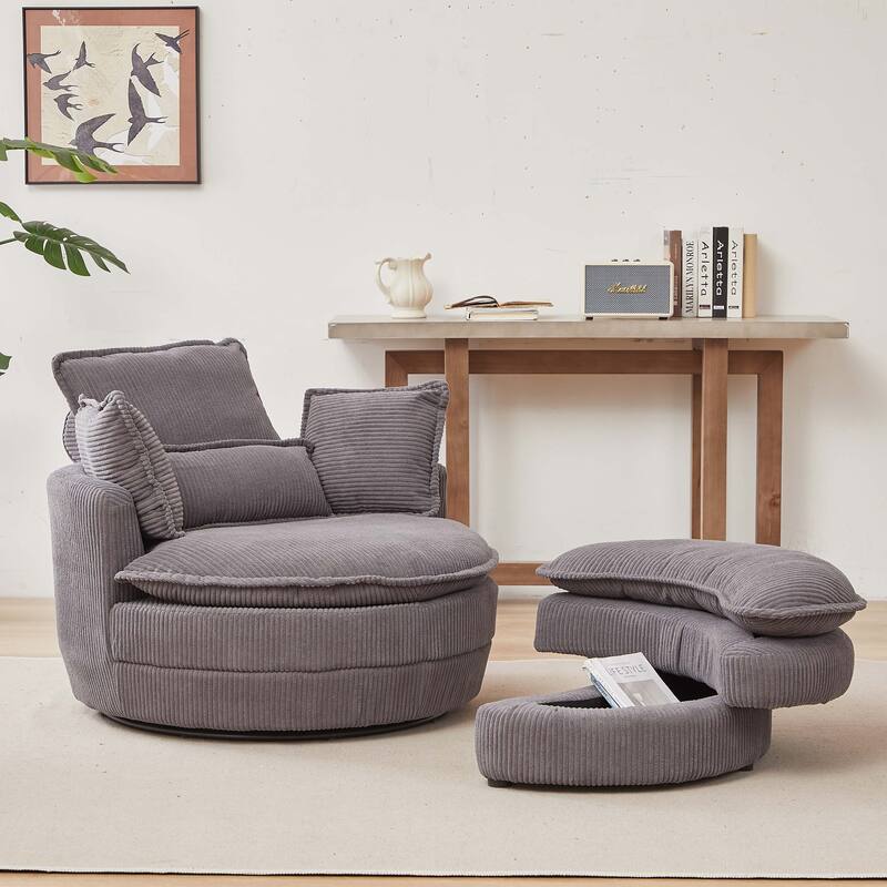 Oversized Swivel Chair with moon storage ottoman