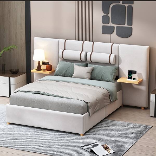 slide 2 of 11, Full Size Platform Bed with 2 Outlets and USB Charging, Upholstered Bed with 2 Bedside Pillows, and Storage Shelves, Beige Beige