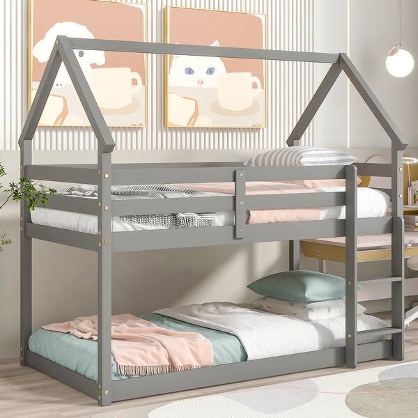 slide 2 of 21, Twin over Twin Size Wood Loft Bed with Roof Design, Safety Guardrail and Ladder Grey
