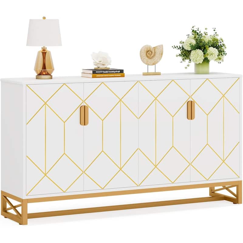 Modern White Storage Cabinet with Gold Accents and Adjustable Shelves for Living Room or Kitchen - 59.05" x 13.77" x 35.82"
