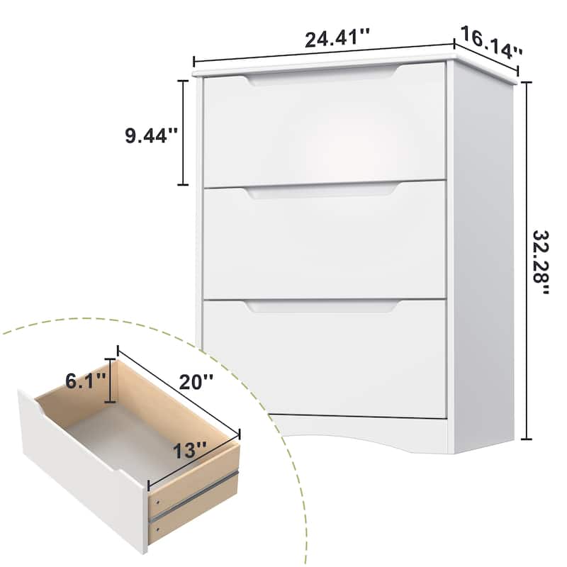 Wooden 3-Drawer Dresser for Bedroom，Bedside Nightstand，Modern Storage Chest Dresser in White