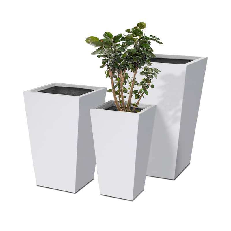 Plantara 24", 18" & 16" H Taper Shape Solid White Concrete planter, Modern Garden Plant pot, plug for Outdoor