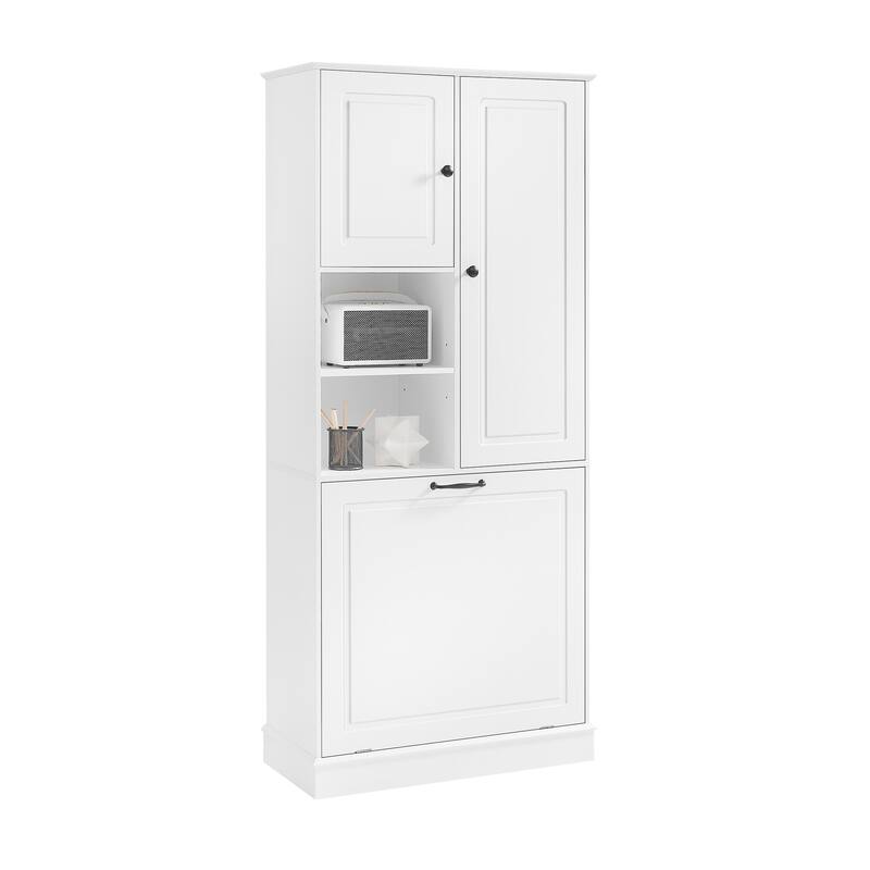 Roomfitters 67" Tall Storage Cabinet with Flip-Out Basket & Adjustable Shelves, MDF Linen Tower for Bathroom & Office