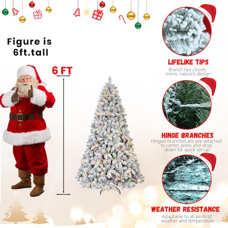 Pre-Lit Flocked Christmas Tree - Colorful UL Lights, Pine Cones, Snowy PVC Tips, Hinged Branches, Metal Stand - Green,White
