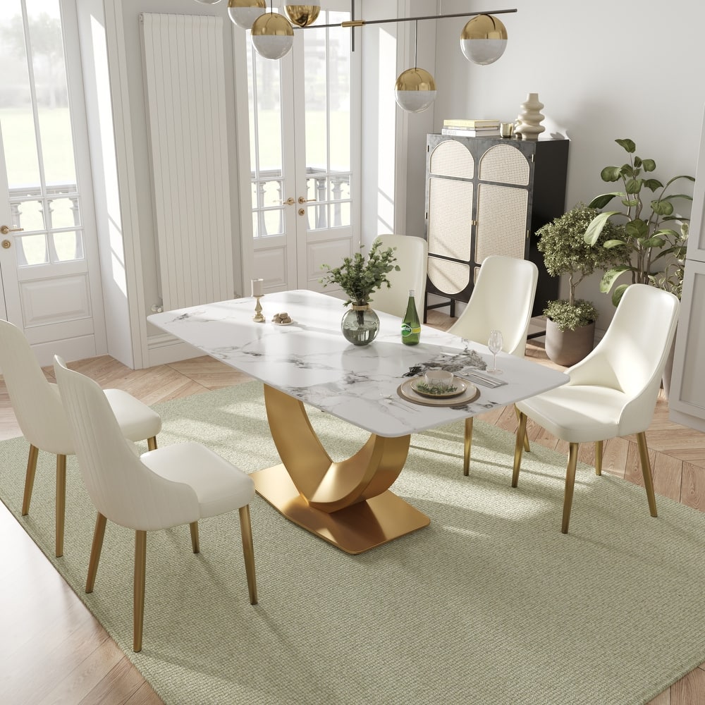 Modern Rectangle Marble Dining Table for 6-8, Marble Kitchen Dinner Table with Gold Finish Metal Base