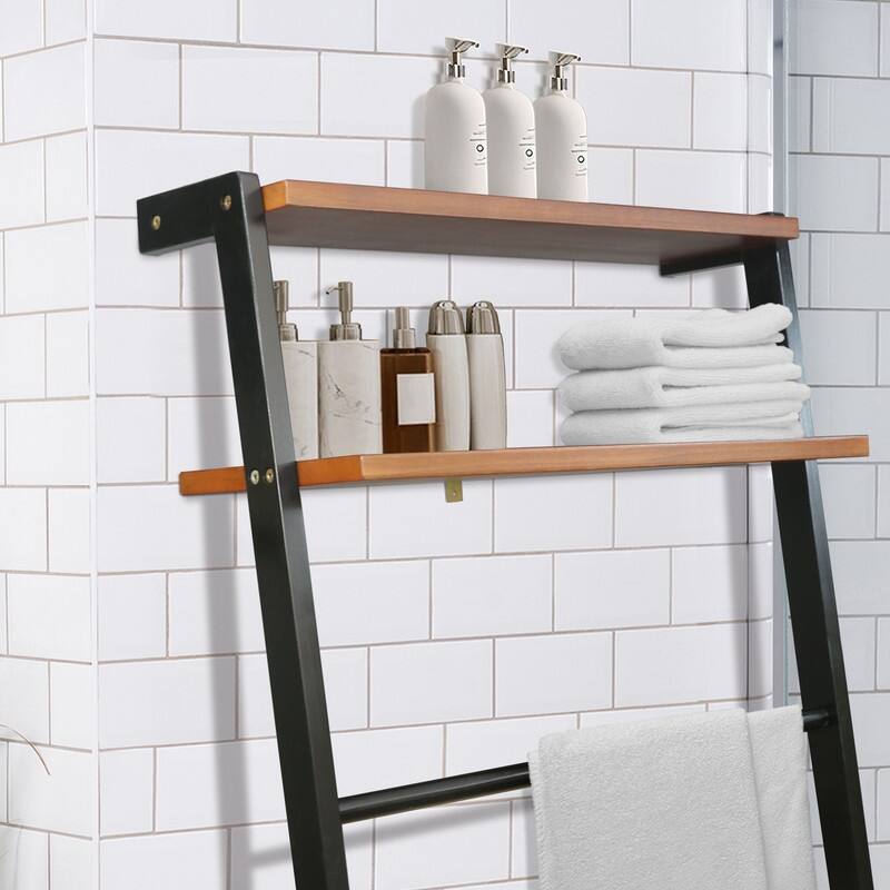 Space Saving 100% Solid Wood 6 Tiers Blanket Ladder with Two Storage Shelves