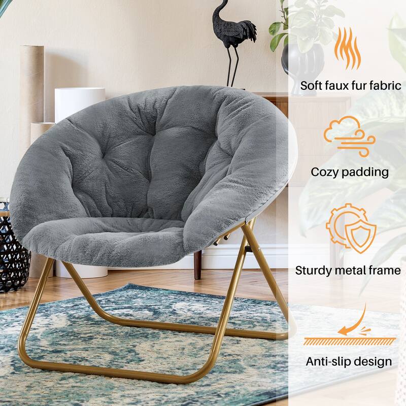 Cozy X-Large Faux Fur Saucer Chairs Folding Soft Thick Padded Seat Metal Frame for Bedroom Home Adults
