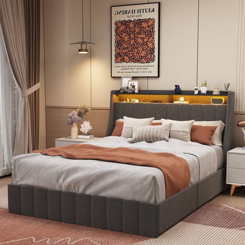 Bed Frame with LED, 4 Under-bed Portable Storage Drawers, Wings Headboard