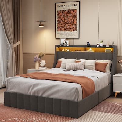 Platform Bed with LED, Four Under-bed Storage Drawers, and Winged Headboard