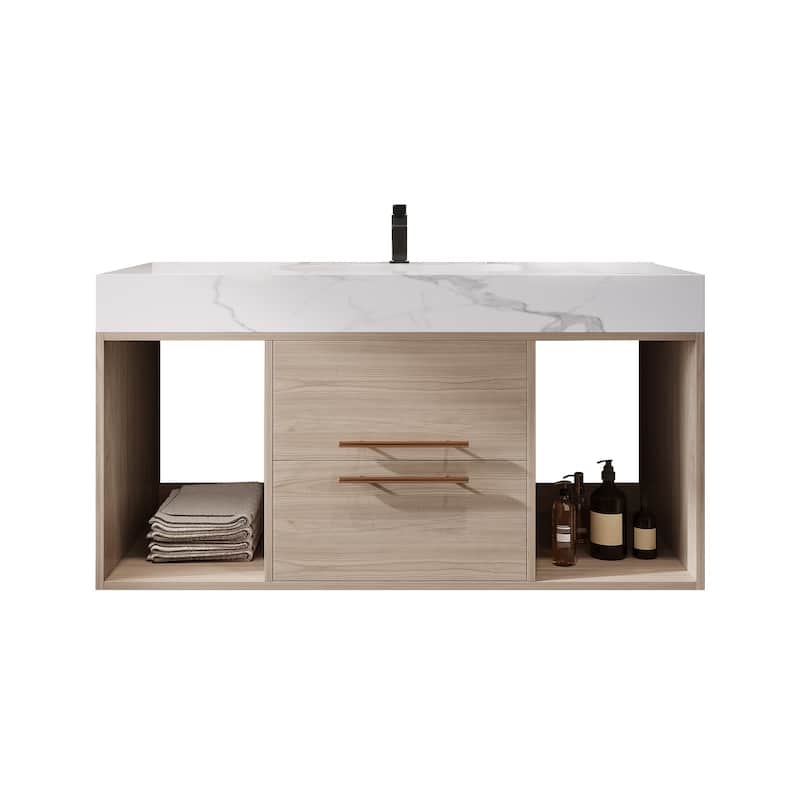 Modern Wall Mounted Bathroom Vanity Floating Storage Cabinet with Ceramic Sink, Faux Marble Countertop, Drawers and Open Shelves