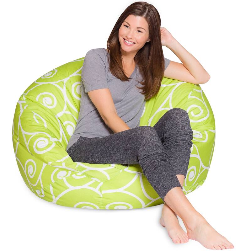 Kids Bean Bag Chair, Big Comfy Chair - Machine Washable Cover - 48 Inch Extra Large - Pattern Swirls Lime and White