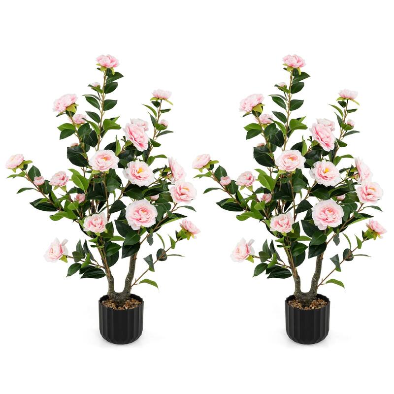 Set of 2 Faux Pink Camellia Plant with Silk Flowers and Rubberized Leaves Include Cement Base for Home Decor - 38"H
