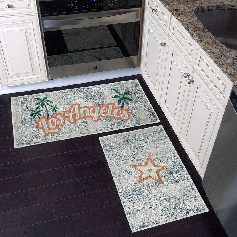 US States Design Non Skid Washable Kitchen Runner Rugs Set of 2 - Set of 44 x 24 and 31.5 x 20 Inches Low Pile Floor Mats - Los Angeles