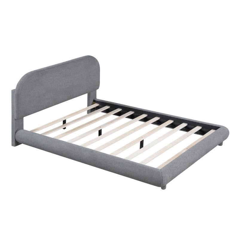 Full/Queen Size Teddy Fleece Upholstered Bed with Thick Fabric, Platform Bed Frame with Headboard & Stylish Curve-shaped Design