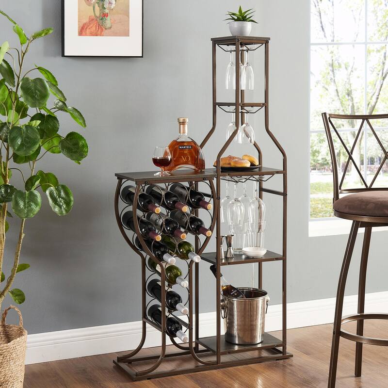 11-Bottle Wine Rack, 5-Tier Freestanding Bakers Rack with Glass Holder and Storage Shelves, Home Bar for Dining Room