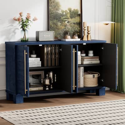 Traditional Minimalist Sideboard Storage Cabinet Navy Buffet Cabinet with Adjustable Shelves and Gold Handles for Living Room