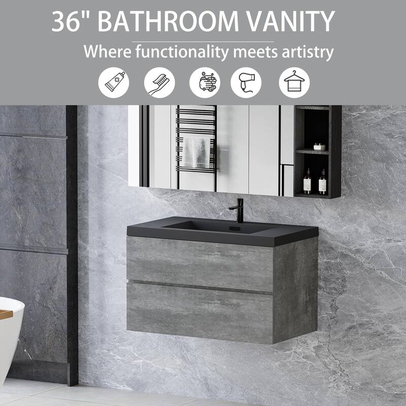 36" Wall-Mounted Floating Vanity with Premium Quartz Sand Basin, Grey Modern Storage Cabinet